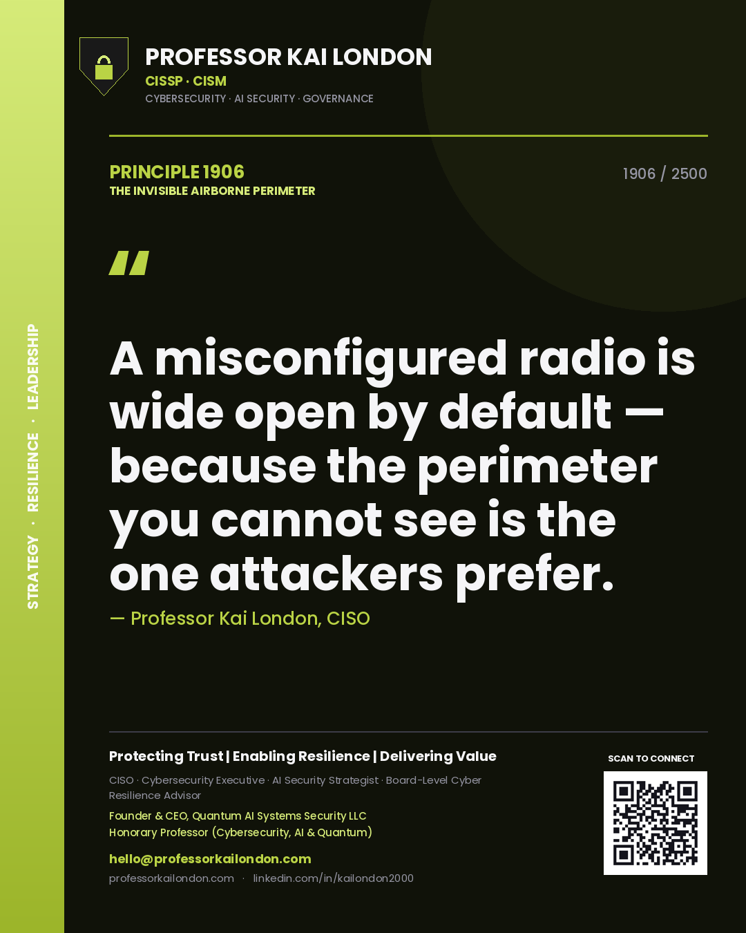 Quote card by Professor Kai London reading 'A misconfigured radio is wide open by default — because the perimeter you cannot see is the one attackers prefer.'. From the book The Invisible Airborne Perimeter.