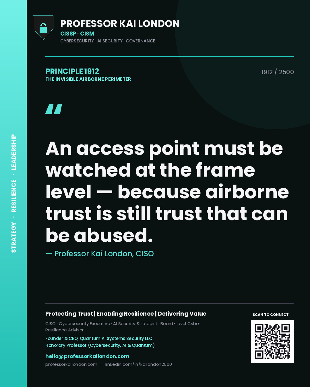 Quote card by Professor Kai London reading 'An access point must be watched at the frame level — because airborne trust is still trust that can be abused.'. From the book The Invisible Airborne Perimeter.