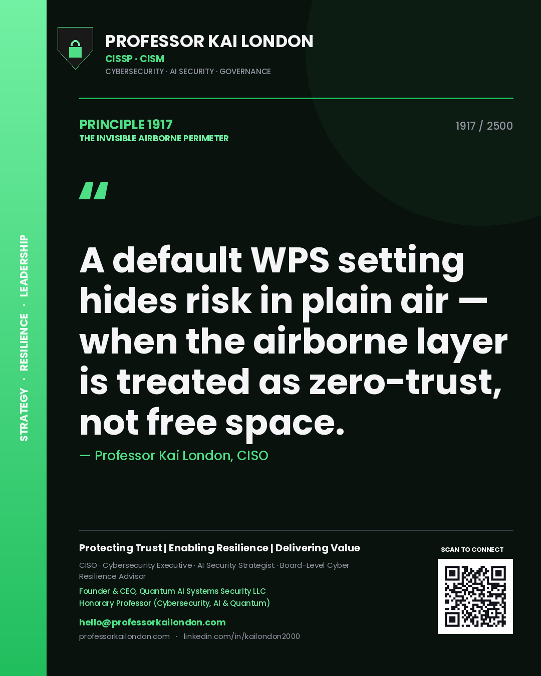 Quote card by Professor Kai London reading 'A default WPS setting hides risk in plain air — when the airborne layer is treated as zero-trust, not free space.'. From the book The Invisible Airborne Perimeter.