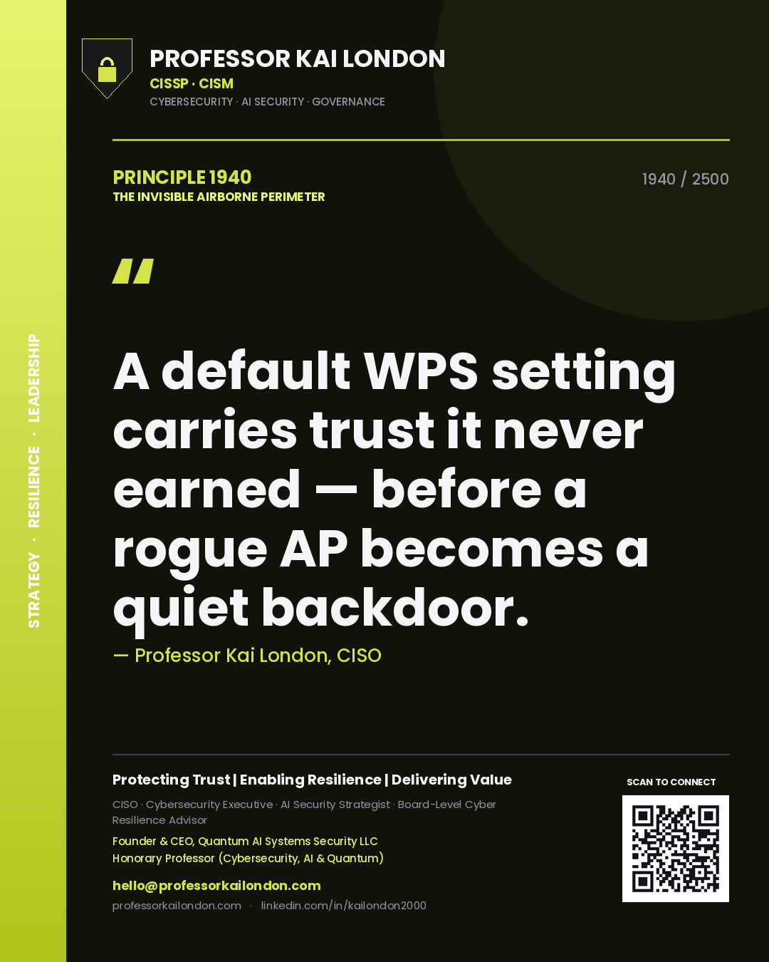 Quote card by Professor Kai London reading 'A default WPS setting carries trust it never earned — before a rogue AP becomes a quiet backdoor.'. From the book The Invisible Airborne Perimeter.