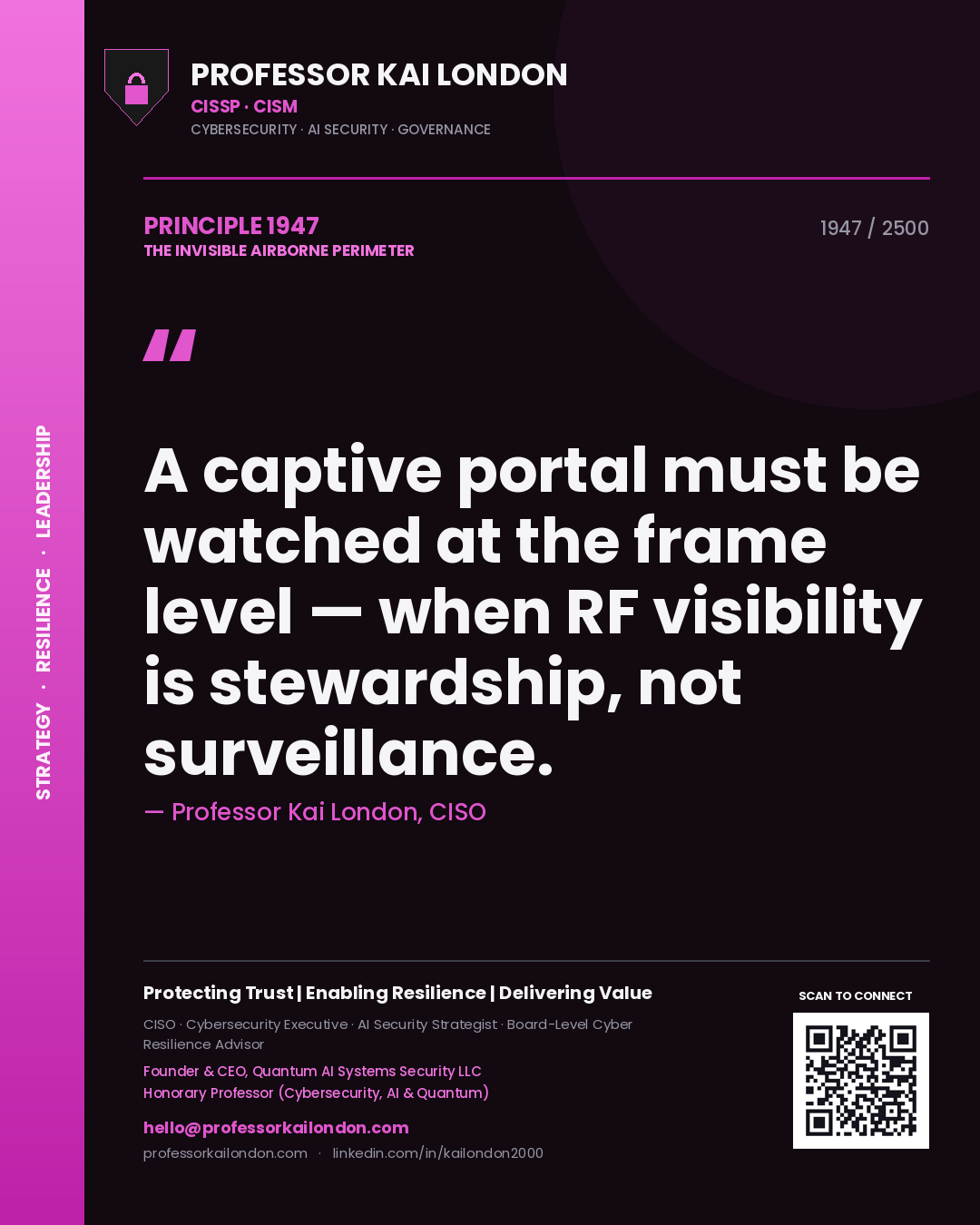 Quote card by Professor Kai London reading 'A captive portal must be watched at the frame level — when RF visibility is stewardship, not surveillance.'. From the book The Invisible Airborne Perimeter.