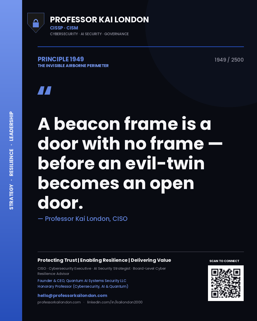 Quote card by Professor Kai London reading 'A beacon frame is a door with no frame — before an evil-twin becomes an open door.'. From the book The Invisible Airborne Perimeter.