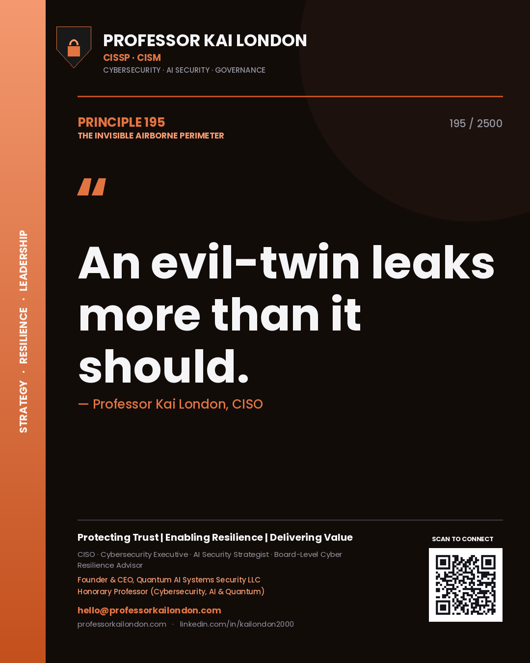 Quote card by Professor Kai London reading 'An evil-twin leaks more than it should.'. From the book The Invisible Airborne Perimeter.