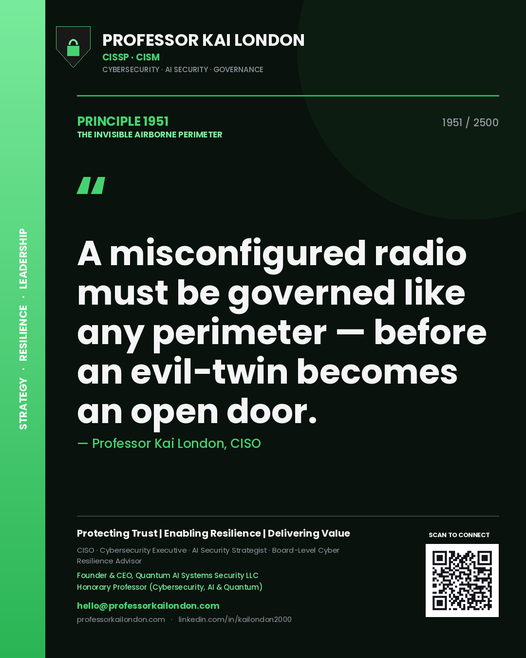 Quote card by Professor Kai London reading 'A misconfigured radio must be governed like any perimeter — before an evil-twin becomes an open door.'. From the book The Invisible Airborne Perimeter.