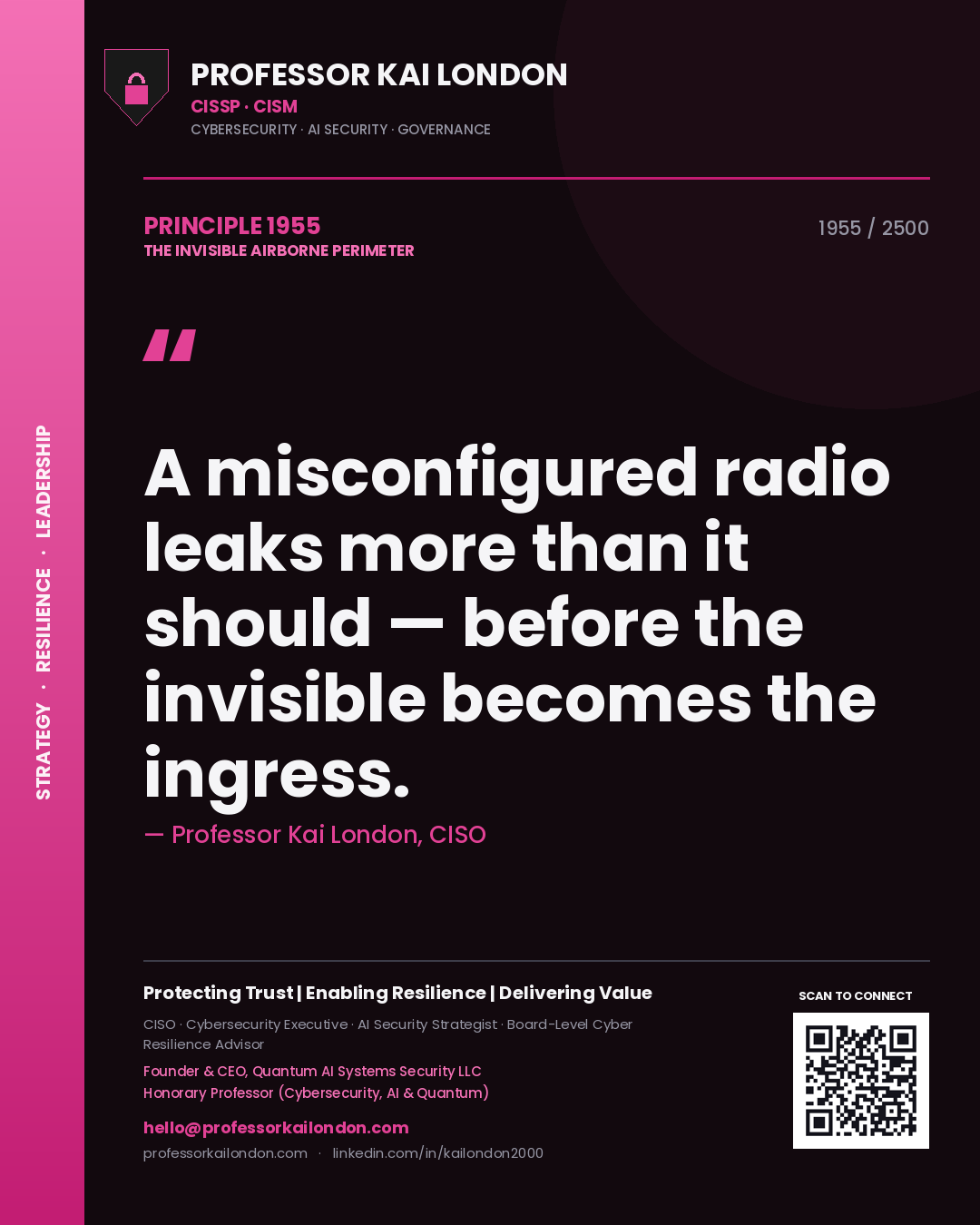 Quote card by Professor Kai London reading 'A misconfigured radio leaks more than it should — before the invisible becomes the ingress.'. From the book The Invisible Airborne Perimeter.