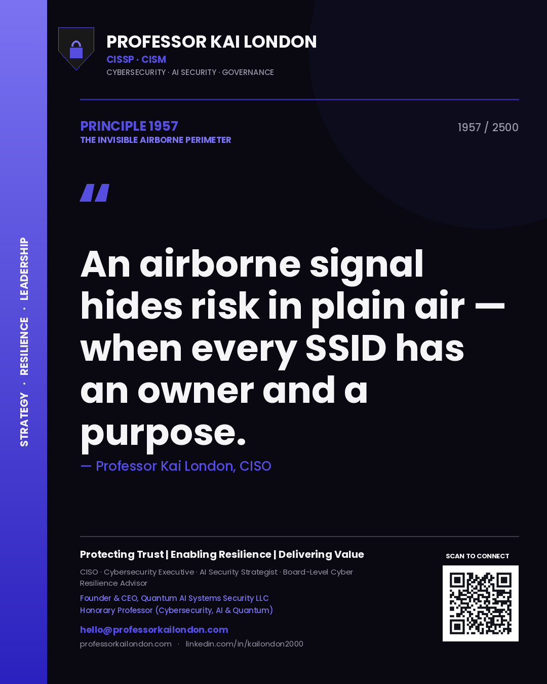 Quote card by Professor Kai London reading 'An airborne signal hides risk in plain air — when every SSID has an owner and a purpose.'. From the book The Invisible Airborne Perimeter.