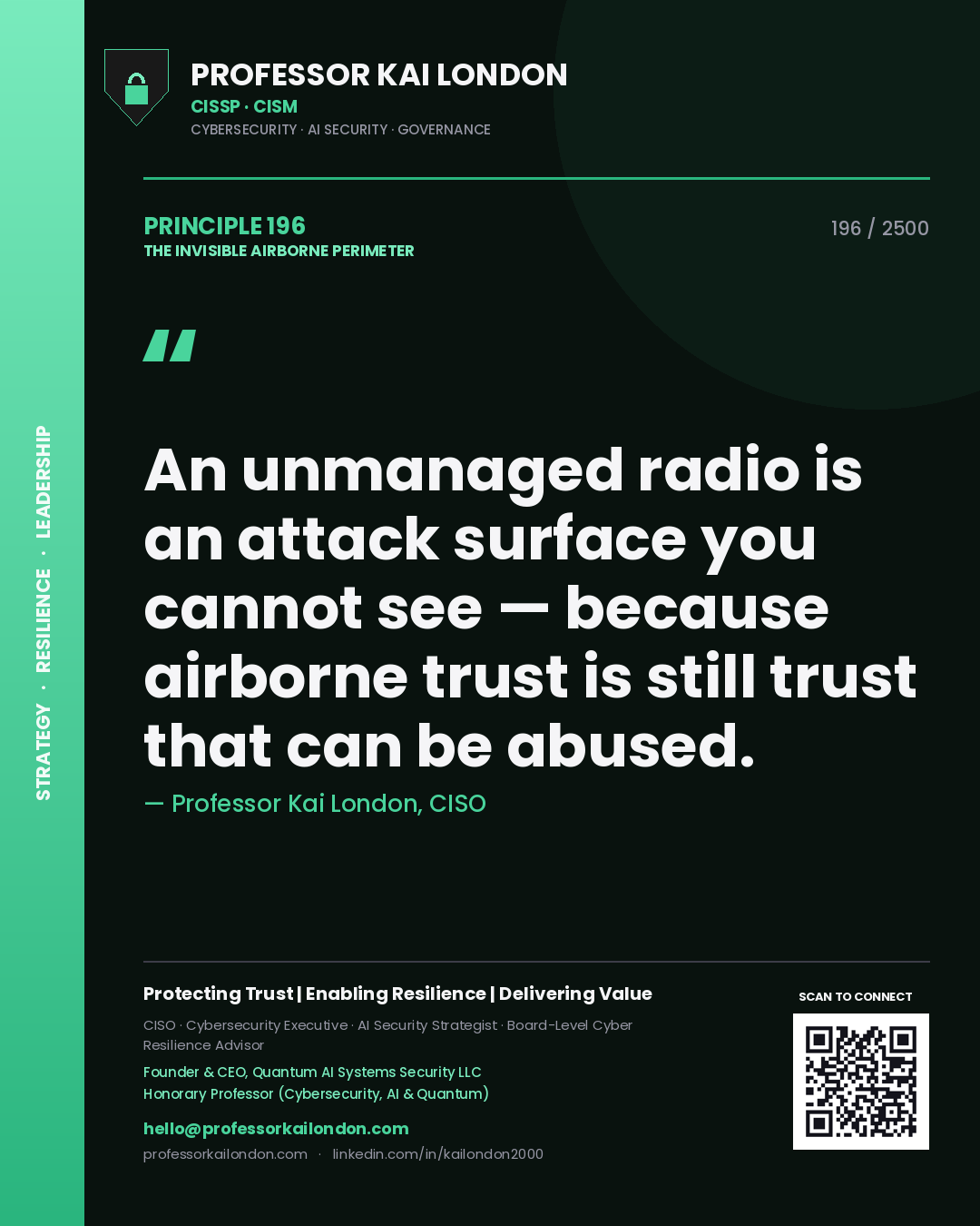 Quote card by Professor Kai London reading 'An unmanaged radio is an attack surface you cannot see — because airborne trust is still trust that can be abused.'. From the book The Invisible Airborne Perimeter.