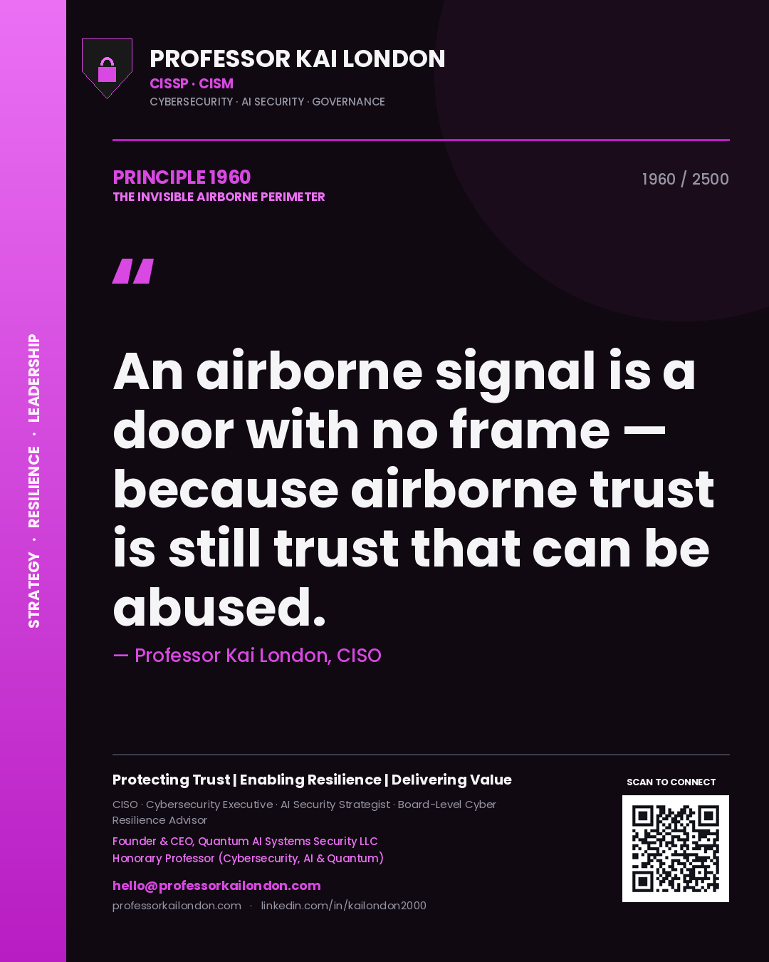 Quote card by Professor Kai London reading 'An airborne signal is a door with no frame — because airborne trust is still trust that can be abused.'. From the book The Invisible Airborne Perimeter.