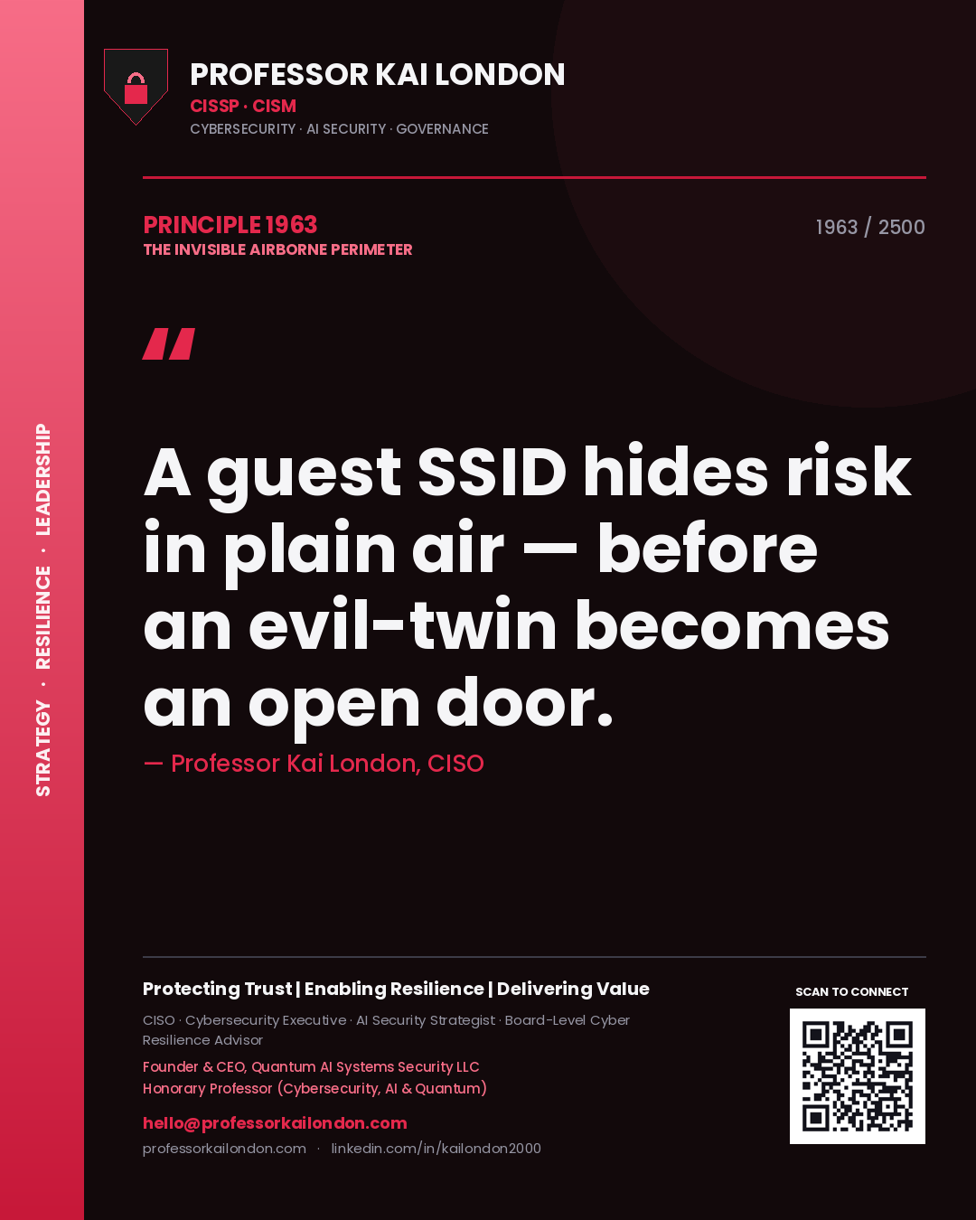 Quote card by Professor Kai London reading 'A guest SSID hides risk in plain air — before an evil-twin becomes an open door.'. From the book The Invisible Airborne Perimeter.