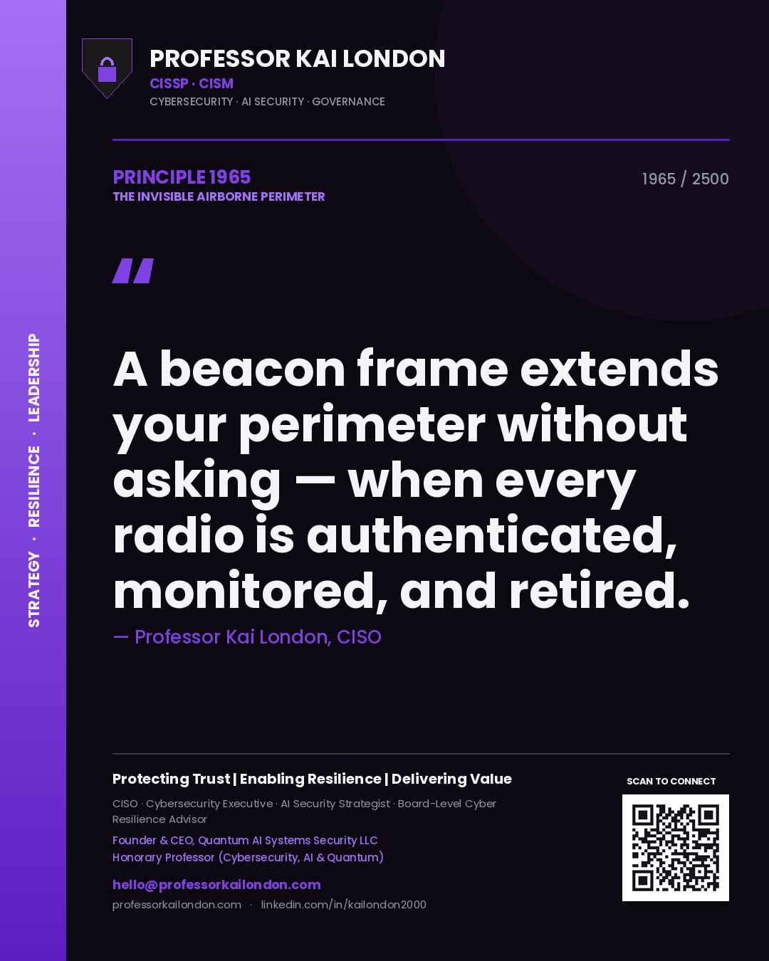 Quote card by Professor Kai London reading 'A beacon frame extends your perimeter without asking — when every radio is authenticated, monitored, and retired.'. From the book The Invisible Airborne Perimeter.