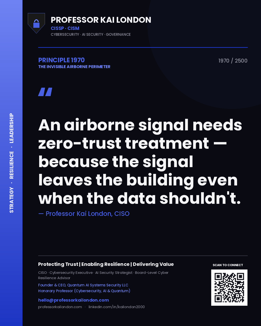 Quote card by Professor Kai London reading 'An airborne signal needs zero-trust treatment — because the signal leaves the building even when the data shouldn't.'. From the book The Invisible Airborne Perimeter.