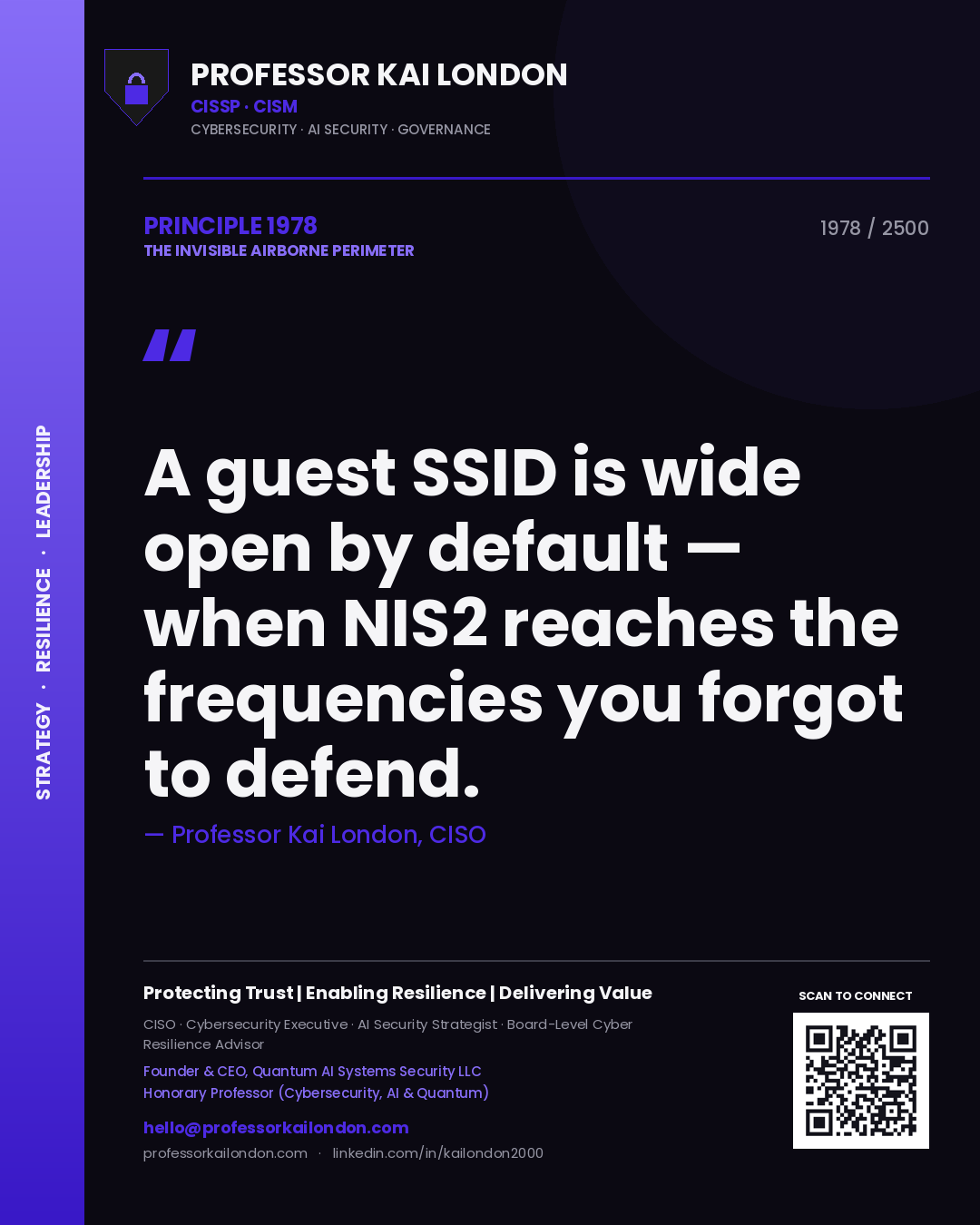 Quote card by Professor Kai London reading 'A guest SSID is wide open by default — when NIS2 reaches the frequencies you forgot to defend.'. From the book The Invisible Airborne Perimeter.