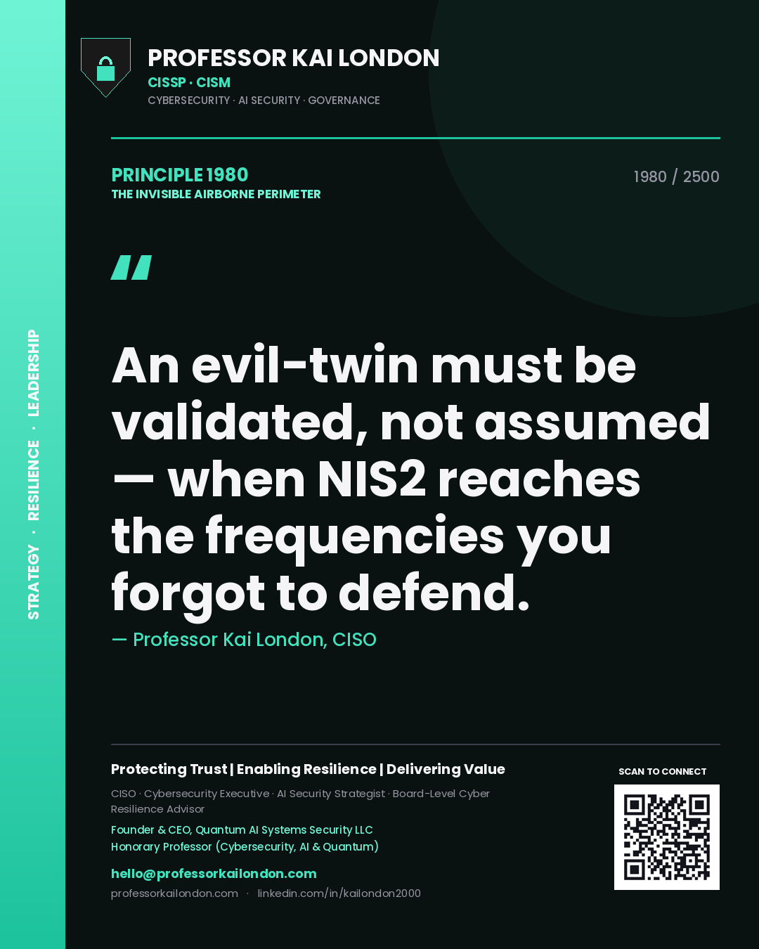 Quote card by Professor Kai London reading 'An evil-twin must be validated, not assumed — when NIS2 reaches the frequencies you forgot to defend.'. From the book The Invisible Airborne Perimeter.