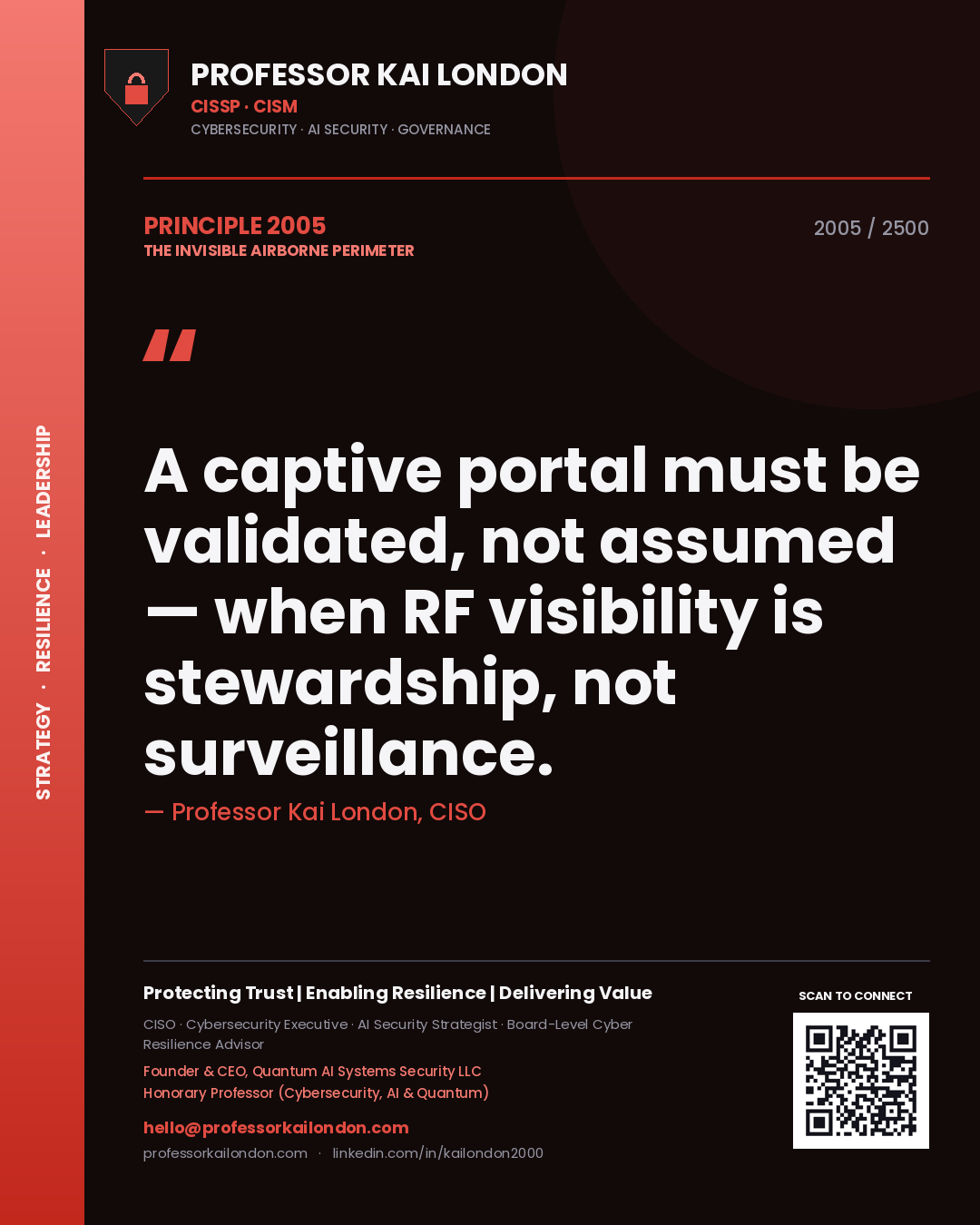 Quote card by Professor Kai London reading 'A captive portal must be validated, not assumed — when RF visibility is stewardship, not surveillance.'. From the book The Invisible Airborne Perimeter.