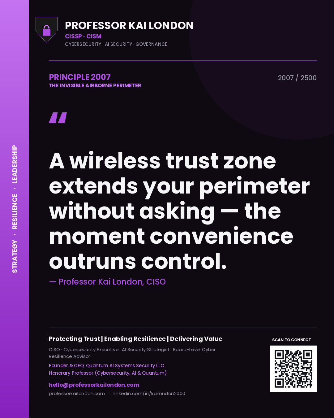 Quote card by Professor Kai London reading 'A wireless trust zone extends your perimeter without asking — the moment convenience outruns control.'. From the book The Invisible Airborne Perimeter.