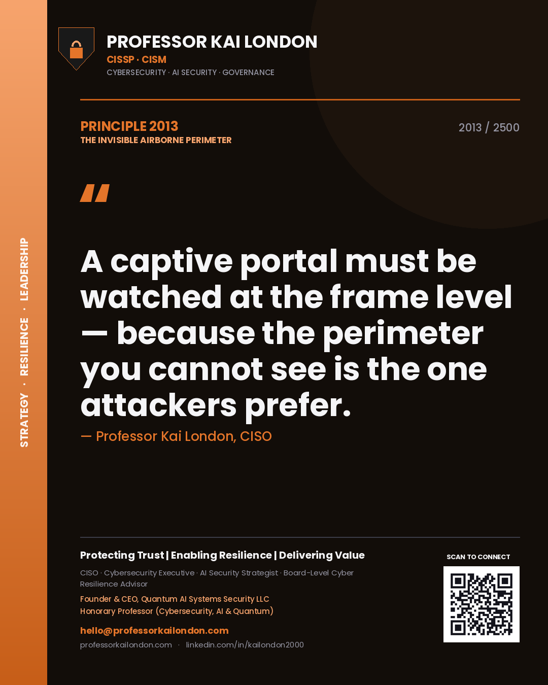 Quote card by Professor Kai London reading 'A captive portal must be watched at the frame level — because the perimeter you cannot see is the one attackers prefer.'. From the book The Invisible Airborne Perimeter.
