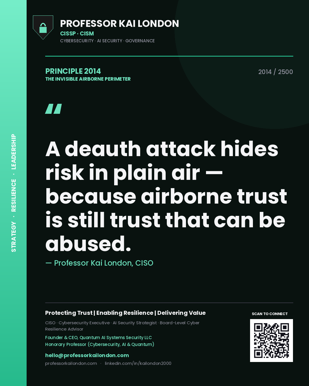 Quote card by Professor Kai London reading 'A deauth attack hides risk in plain air — because airborne trust is still trust that can be abused.'. From the book The Invisible Airborne Perimeter.