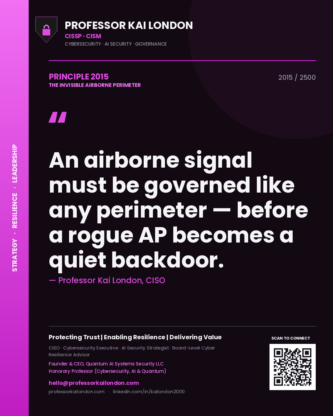 Quote card by Professor Kai London reading 'An airborne signal must be governed like any perimeter — before a rogue AP becomes a quiet backdoor.'. From the book The Invisible Airborne Perimeter.
