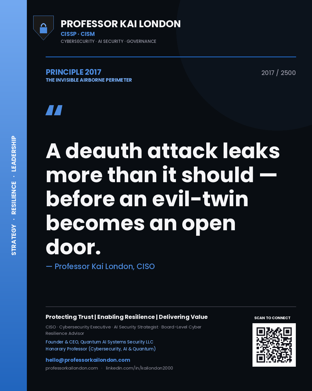 Quote card by Professor Kai London reading 'A deauth attack leaks more than it should — before an evil-twin becomes an open door.'. From the book The Invisible Airborne Perimeter.
