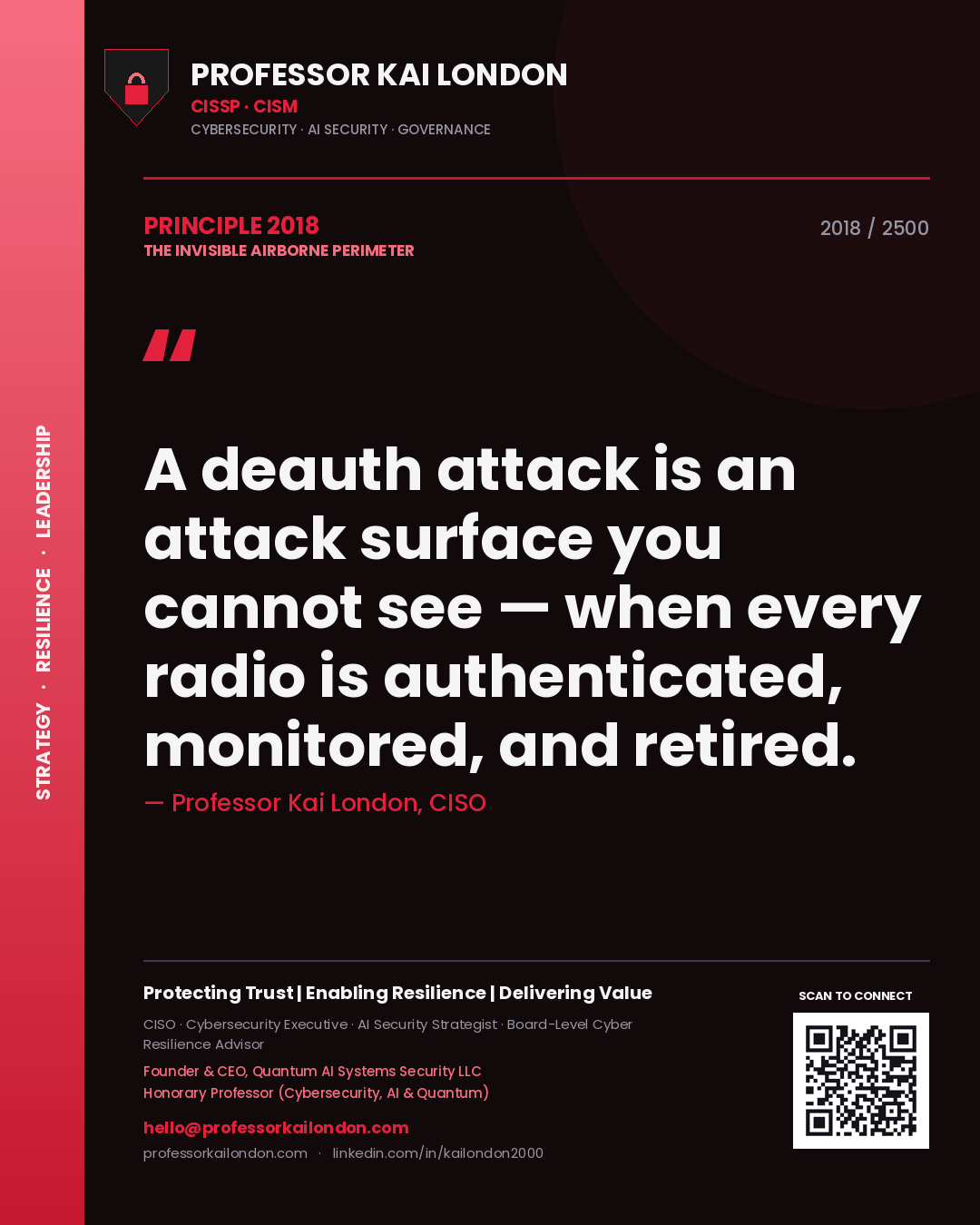 Professor Kai London principle 2018: A deauth attack is an attack surface you cannot see — when every radio is authenticated, monitored, and retired.