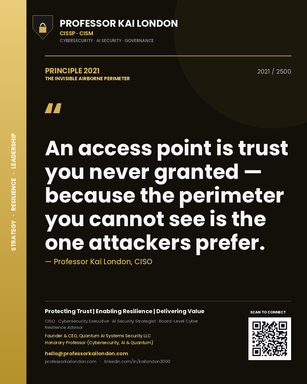 Professor Kai London principle 2021: An access point is trust you never granted — because the perimeter you cannot see is the one attackers prefer.