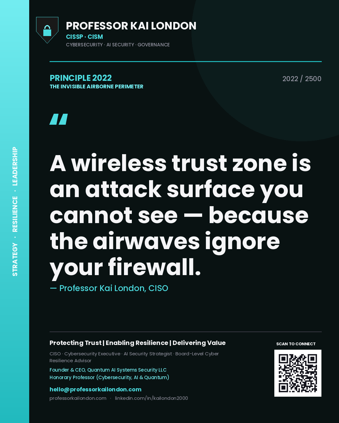 Professor Kai London principle 2022: A wireless trust zone is an attack surface you cannot see — because the airwaves ignore your firewall.