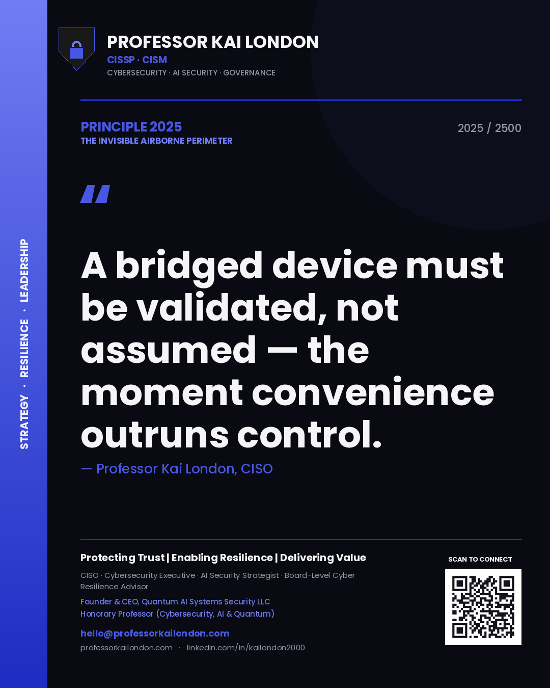 Quote card by Professor Kai London reading 'A bridged device must be validated, not assumed — the moment convenience outruns control.'. From the book The Invisible Airborne Perimeter.