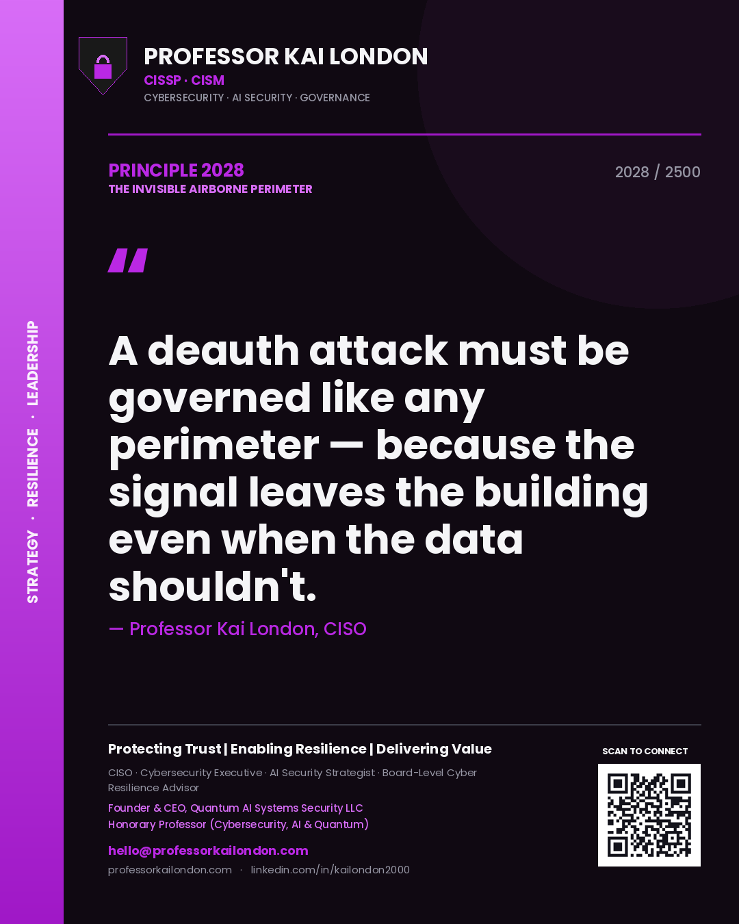 Quote card by Professor Kai London reading 'A deauth attack must be governed like any perimeter — because the signal leaves the building even when the data shouldn't.'. From the book The Invisible Airborne Perimeter.
