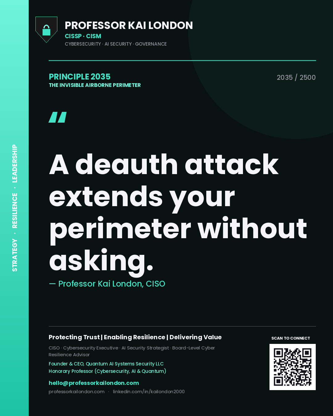 Quote card by Professor Kai London reading 'A deauth attack extends your perimeter without asking.'. From the book The Invisible Airborne Perimeter.