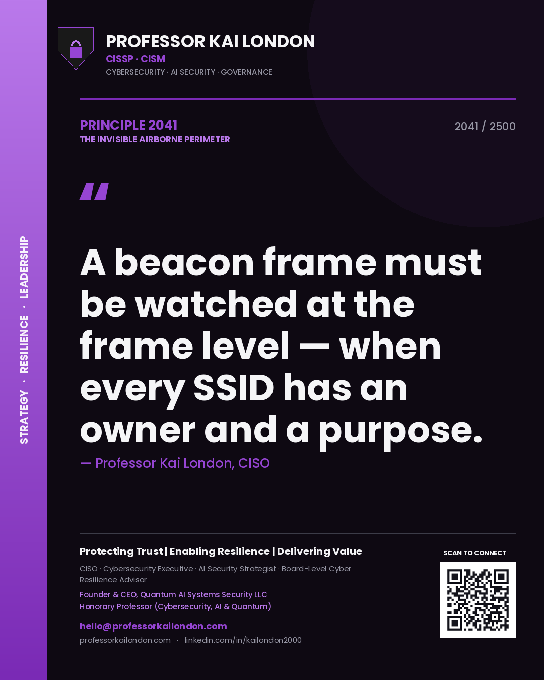 Quote card by Professor Kai London reading 'A beacon frame must be watched at the frame level — when every SSID has an owner and a purpose.'. From the book The Invisible Airborne Perimeter.