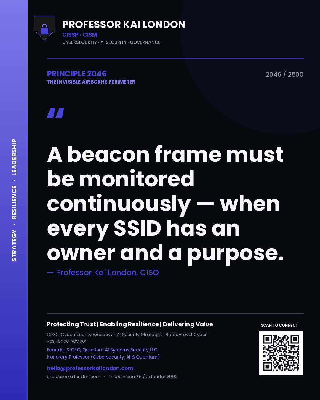 Professor Kai London principle 2046: A beacon frame must be monitored continuously — when every SSID has an owner and a purpose.