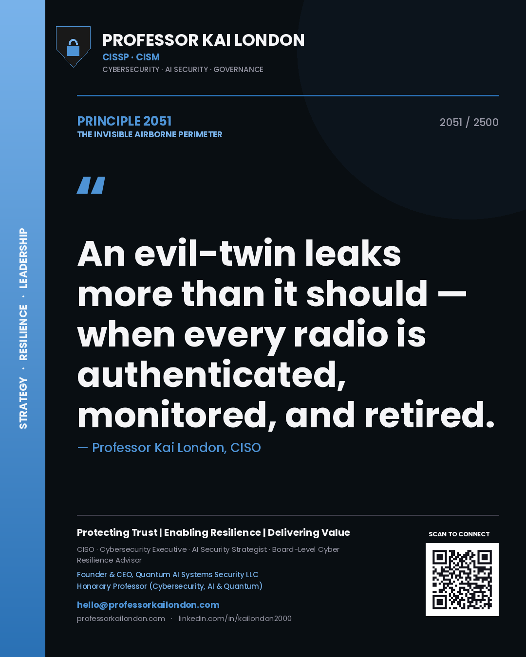 Quote card by Professor Kai London reading 'An evil-twin leaks more than it should — when every radio is authenticated, monitored, and retired.'. From the book The Invisible Airborne Perimeter.