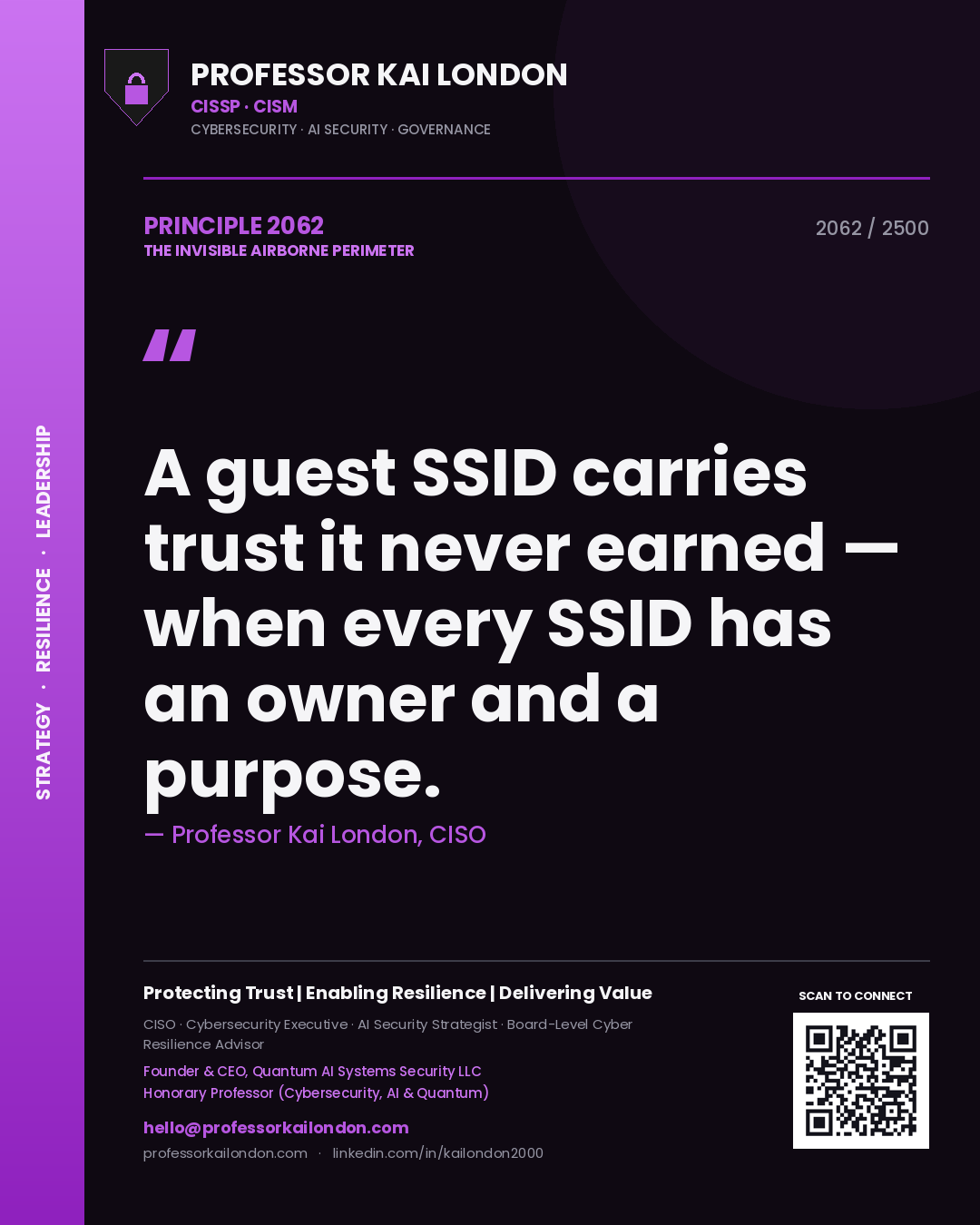 Quote card by Professor Kai London reading 'A guest SSID carries trust it never earned — when every SSID has an owner and a purpose.'. From the book The Invisible Airborne Perimeter.