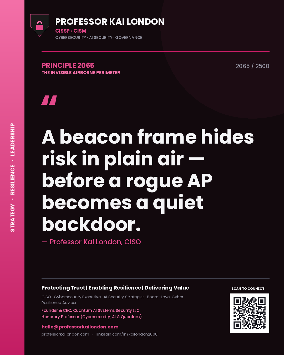 Quote card by Professor Kai London reading 'A beacon frame hides risk in plain air — before a rogue AP becomes a quiet backdoor.'. From the book The Invisible Airborne Perimeter.