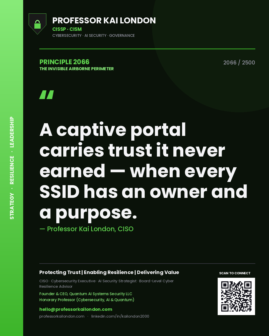 Quote card by Professor Kai London reading 'A captive portal carries trust it never earned — when every SSID has an owner and a purpose.'. From the book The Invisible Airborne Perimeter.