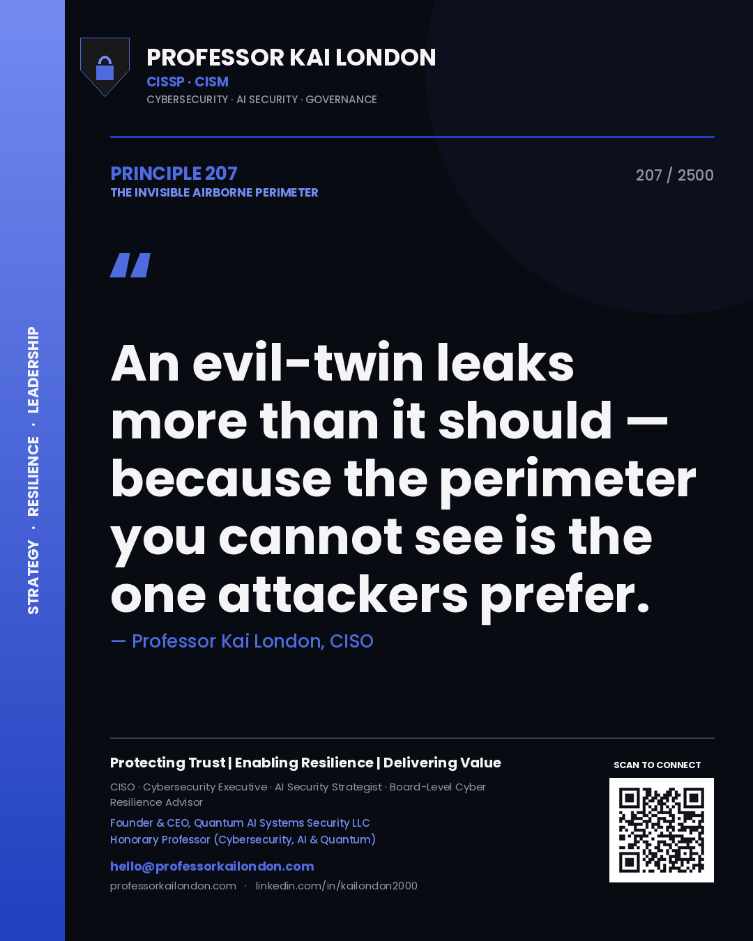 Quote card by Professor Kai London reading 'An evil-twin leaks more than it should — because the perimeter you cannot see is the one attackers prefer.'. From the book The Invisible Airborne Perimeter.