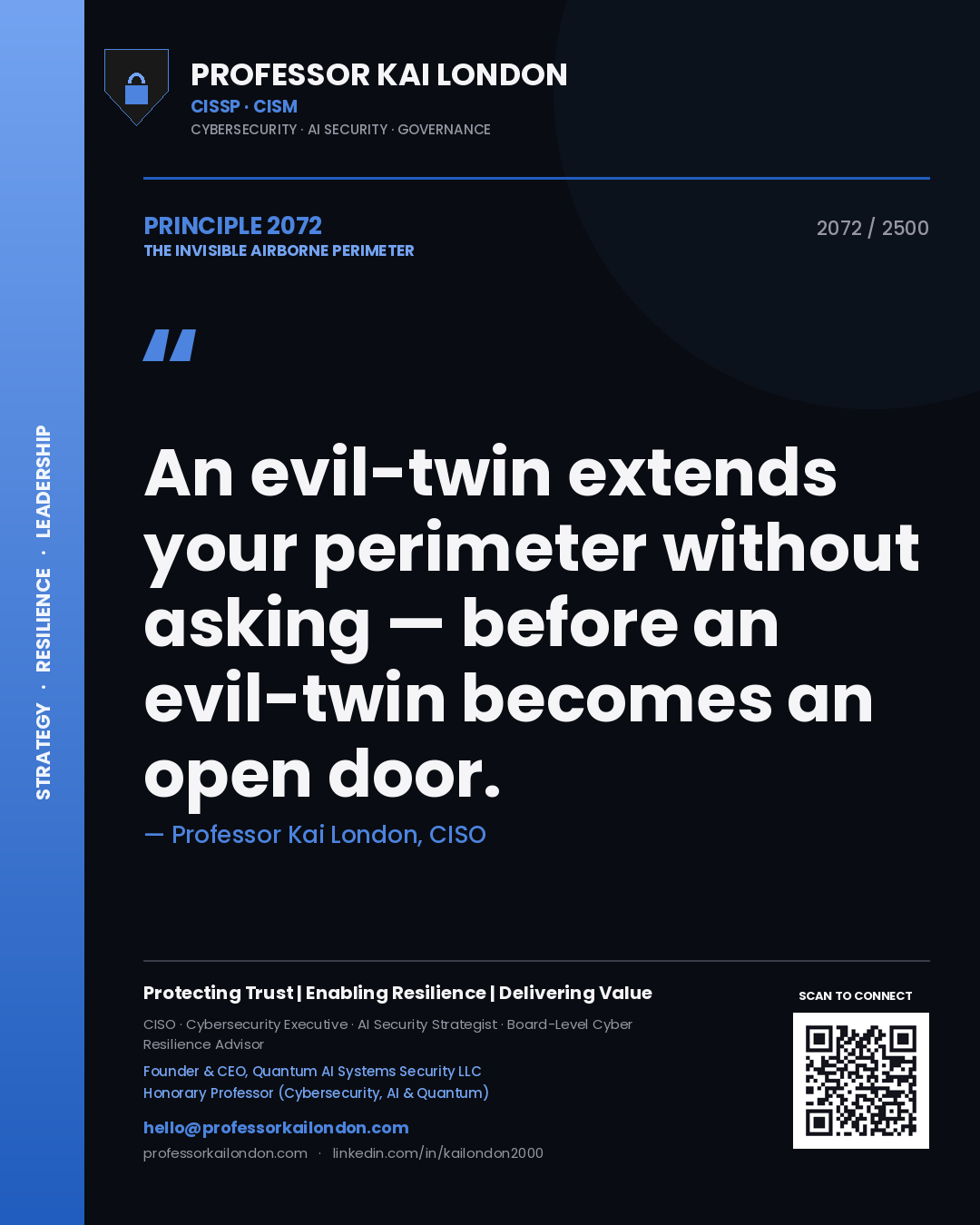 Quote card by Professor Kai London reading 'An evil-twin extends your perimeter without asking — before an evil-twin becomes an open door.'. From the book The Invisible Airborne Perimeter.