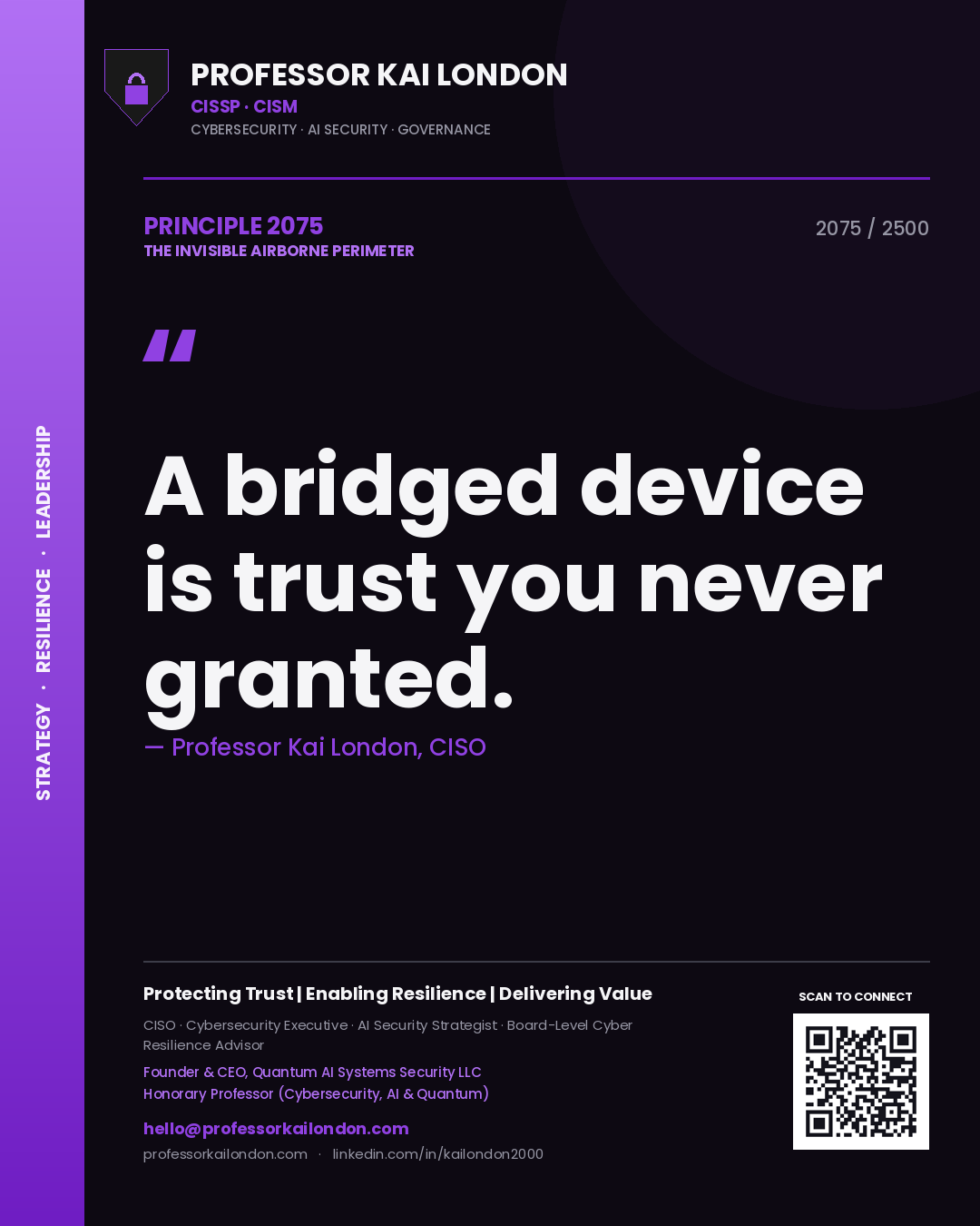 Quote card by Professor Kai London reading 'A bridged device is trust you never granted.'. From the book The Invisible Airborne Perimeter.