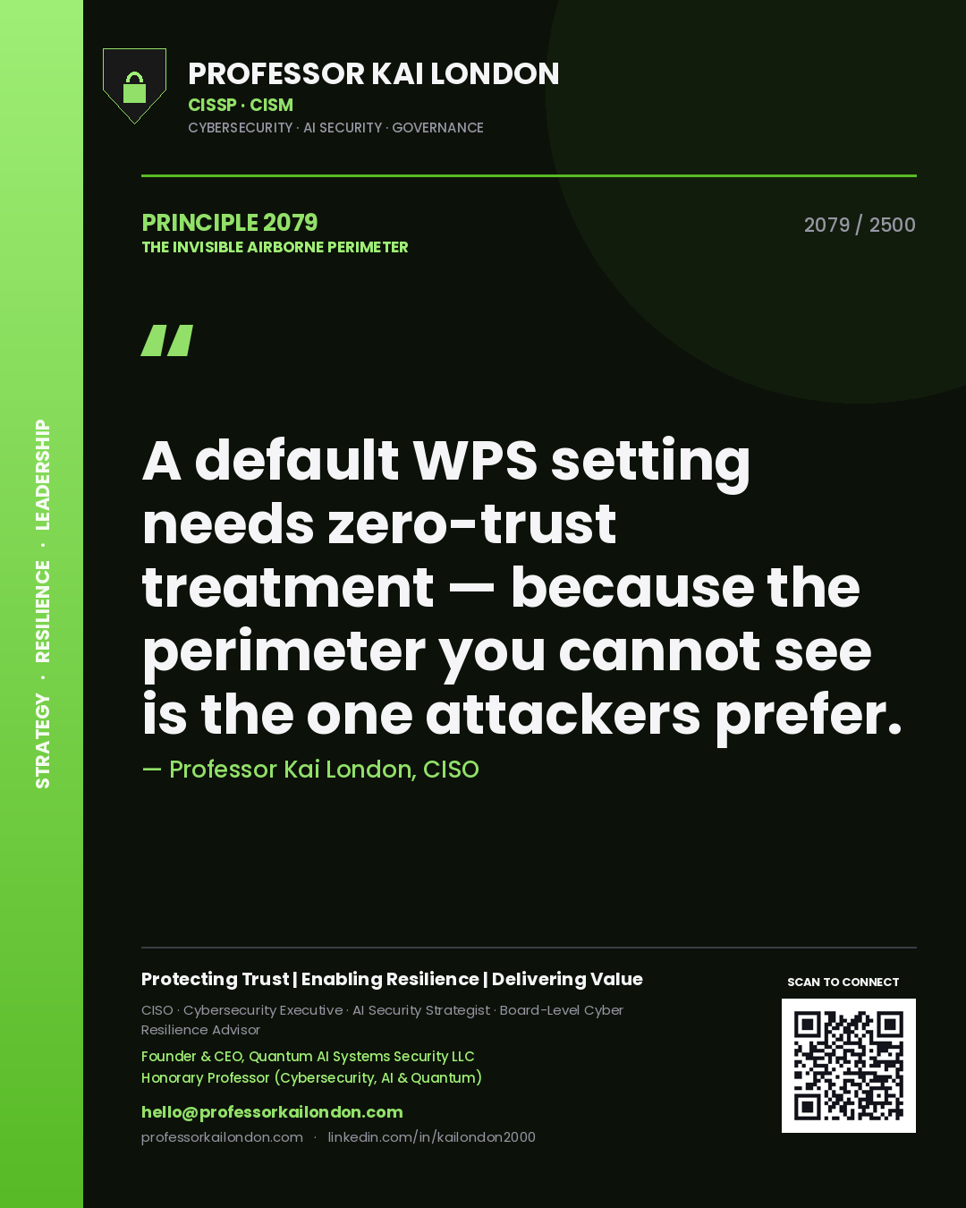 Quote card by Professor Kai London reading 'A default WPS setting needs zero-trust treatment — because the perimeter you cannot see is the one attackers prefer.'. From the book The Invisible Airborne Perimeter.