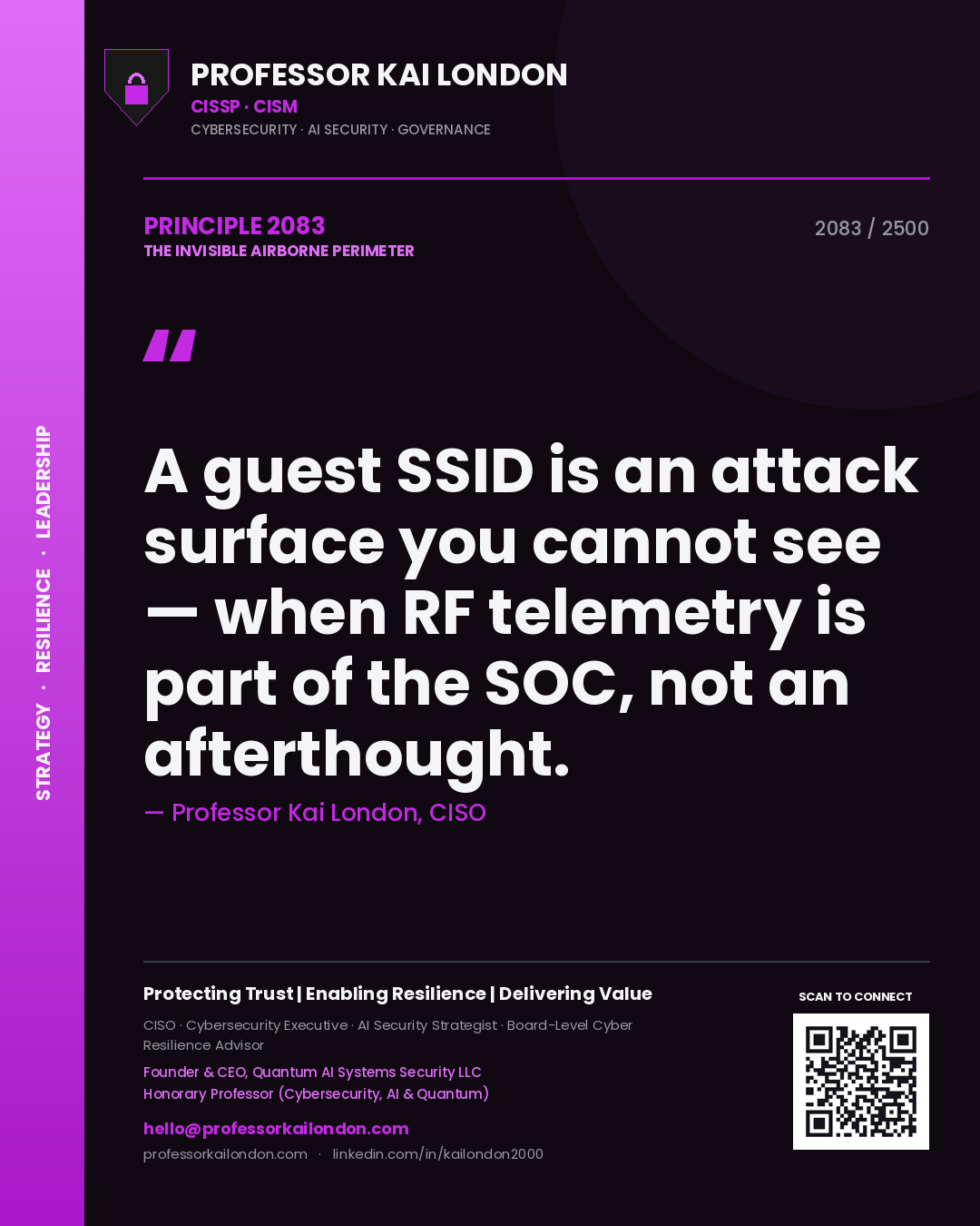 Professor Kai London principle 2083: A guest SSID is an attack surface you cannot see — when RF telemetry is part of the SOC, not an afterthought.