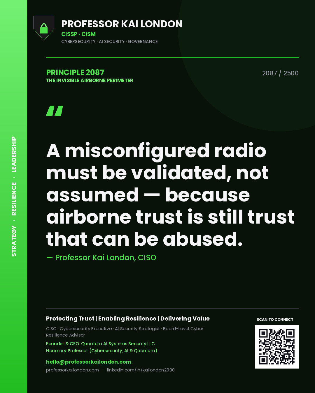 Quote card by Professor Kai London reading 'A misconfigured radio must be validated, not assumed — because airborne trust is still trust that can be abused.'. From the book The Invisible Airborne Perimeter.