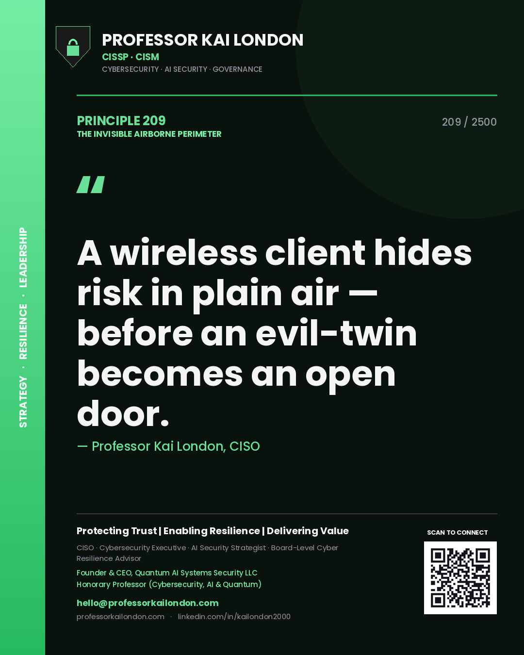 Quote card by Professor Kai London reading 'A wireless client hides risk in plain air — before an evil-twin becomes an open door.'. From the book The Invisible Airborne Perimeter.
