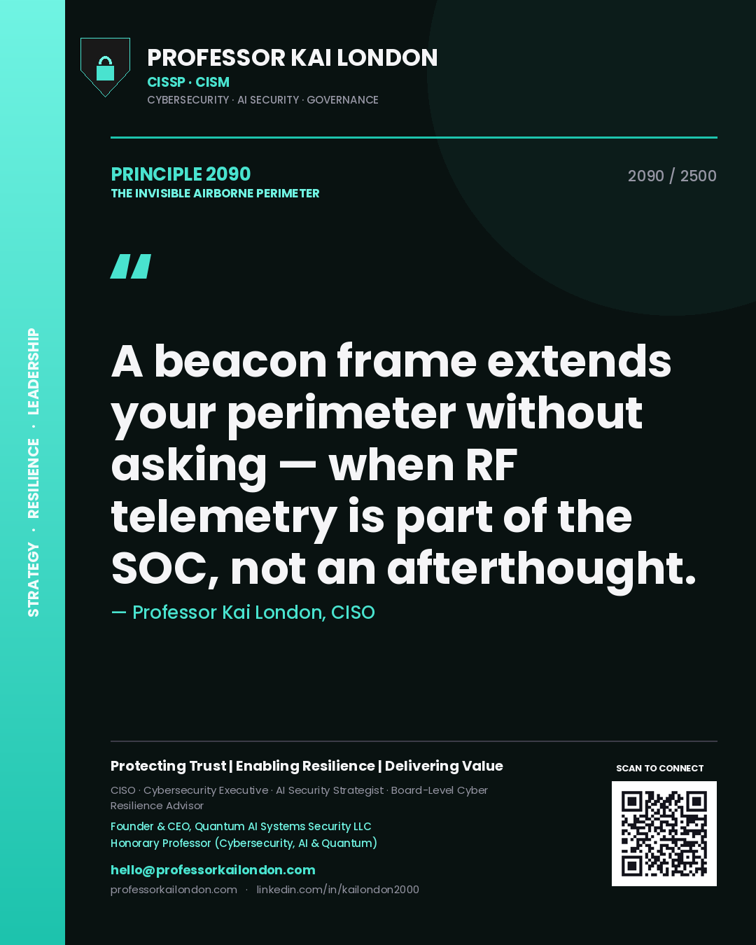 Quote card by Professor Kai London reading 'A beacon frame extends your perimeter without asking — when RF telemetry is part of the SOC, not an afterthought.'. From the book The Invisible Airborne Perimeter.