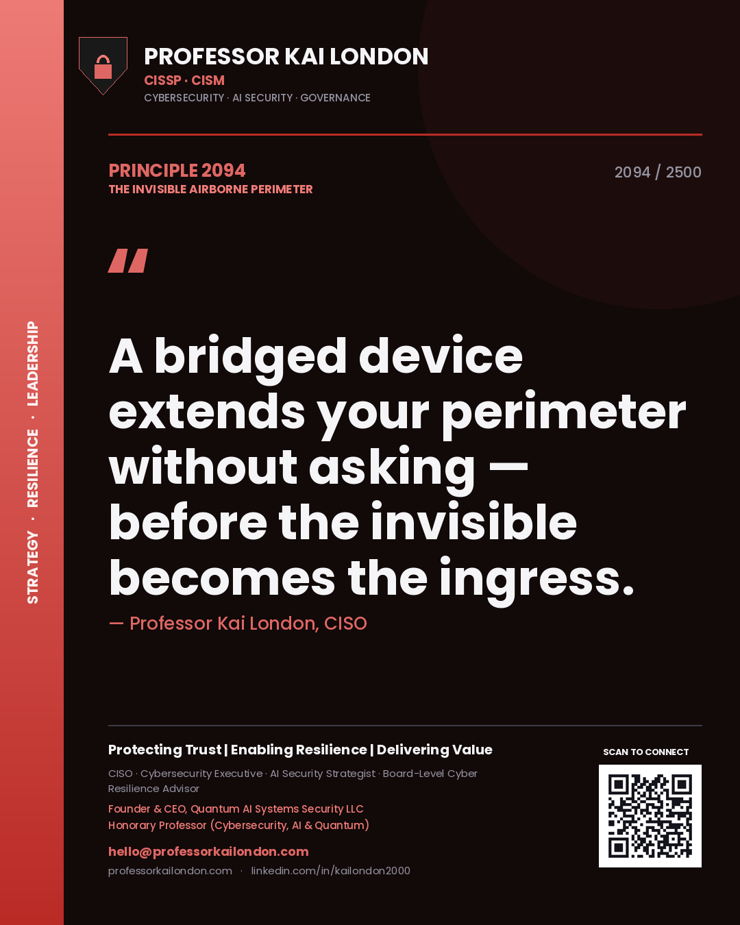 Quote card by Professor Kai London reading 'A bridged device extends your perimeter without asking — before the invisible becomes the ingress.'. From the book The Invisible Airborne Perimeter.