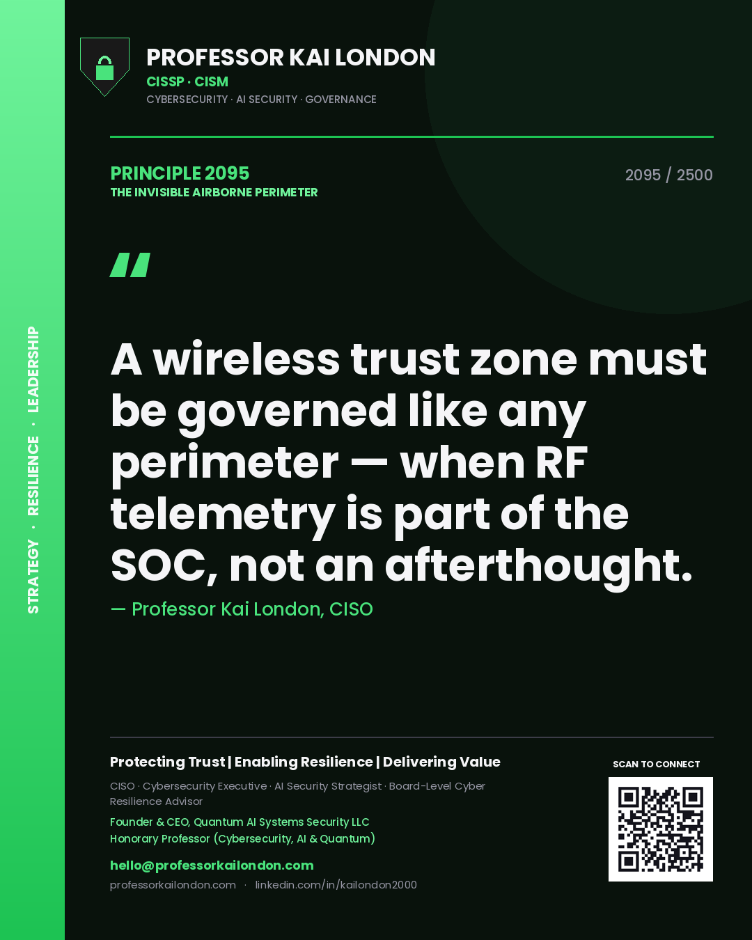 Quote card by Professor Kai London reading 'A wireless trust zone must be governed like any perimeter — when RF telemetry is part of the SOC, not an afterthought.'. From the book The Invisible Airborne Perimeter.