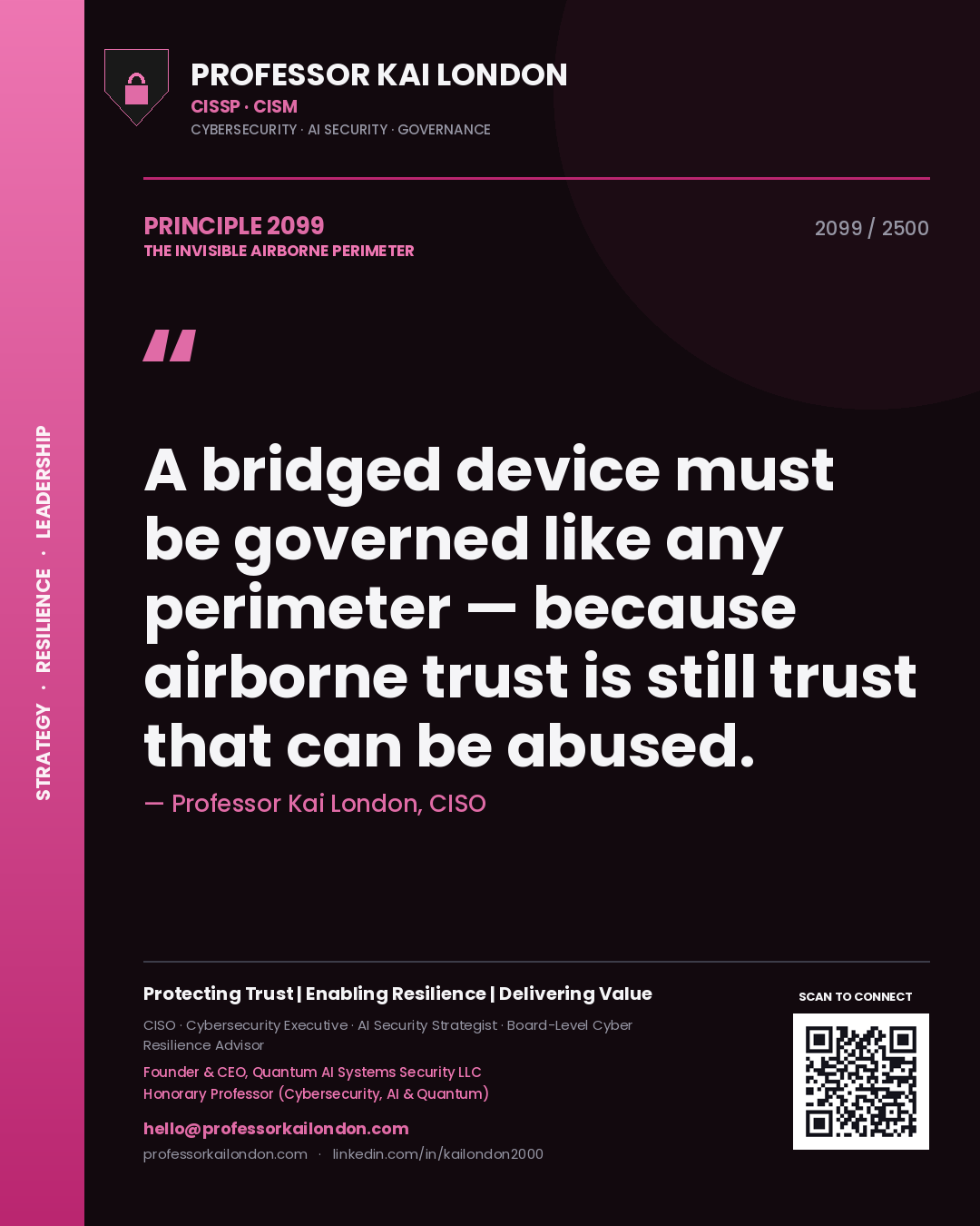 Quote card by Professor Kai London reading 'A bridged device must be governed like any perimeter — because airborne trust is still trust that can be abused.'. From the book The Invisible Airborne Perimeter.