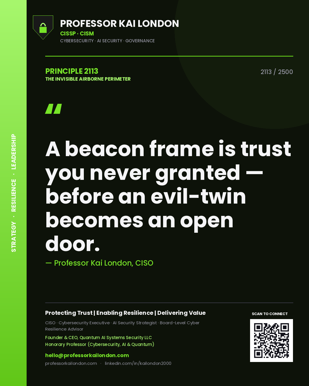 Quote card by Professor Kai London reading 'A beacon frame is trust you never granted — before an evil-twin becomes an open door.'. From the book The Invisible Airborne Perimeter.
