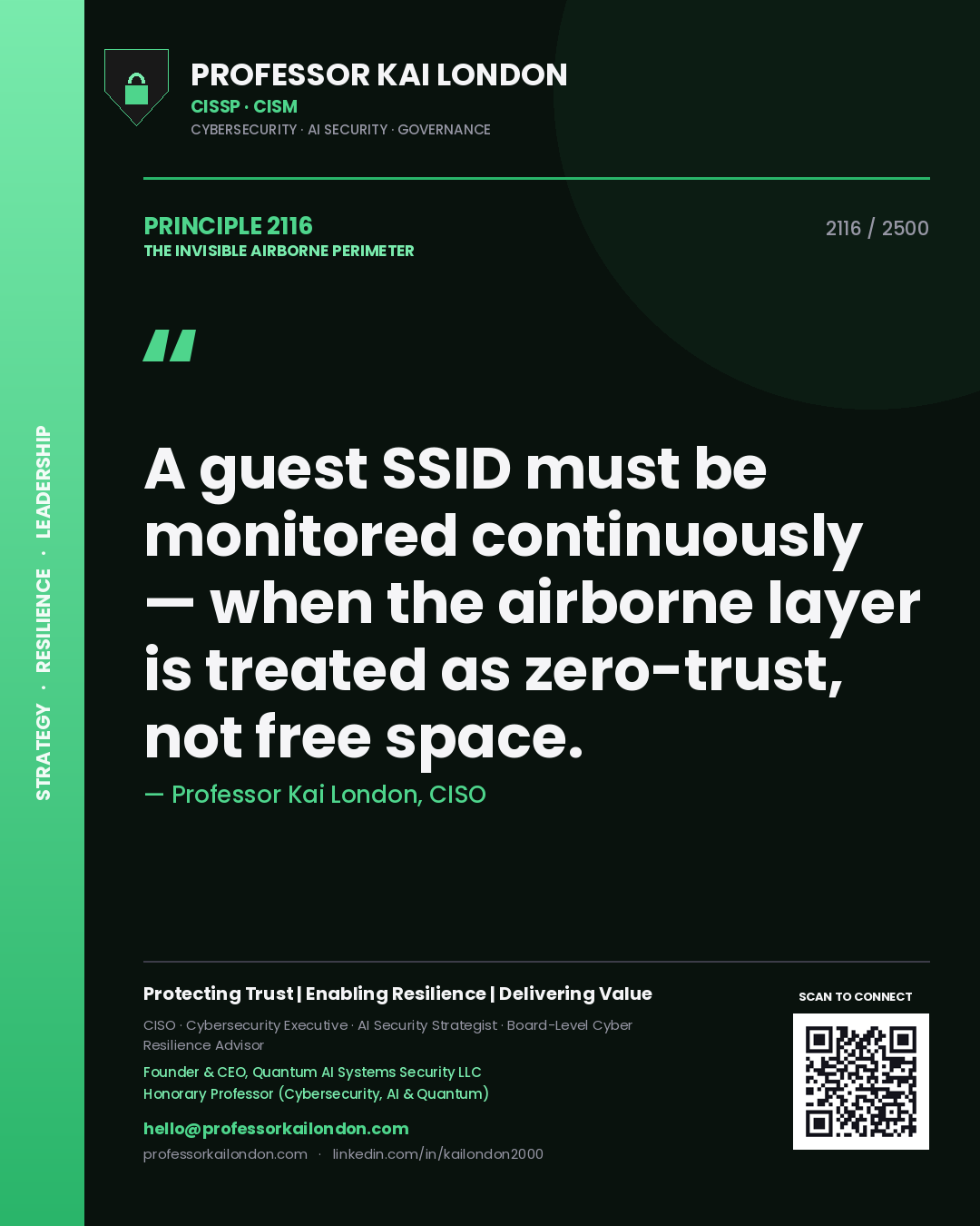 Quote card by Professor Kai London reading 'A guest SSID must be monitored continuously — when the airborne layer is treated as zero-trust, not free space.'. From the book The Invisible Airborne Perimeter.