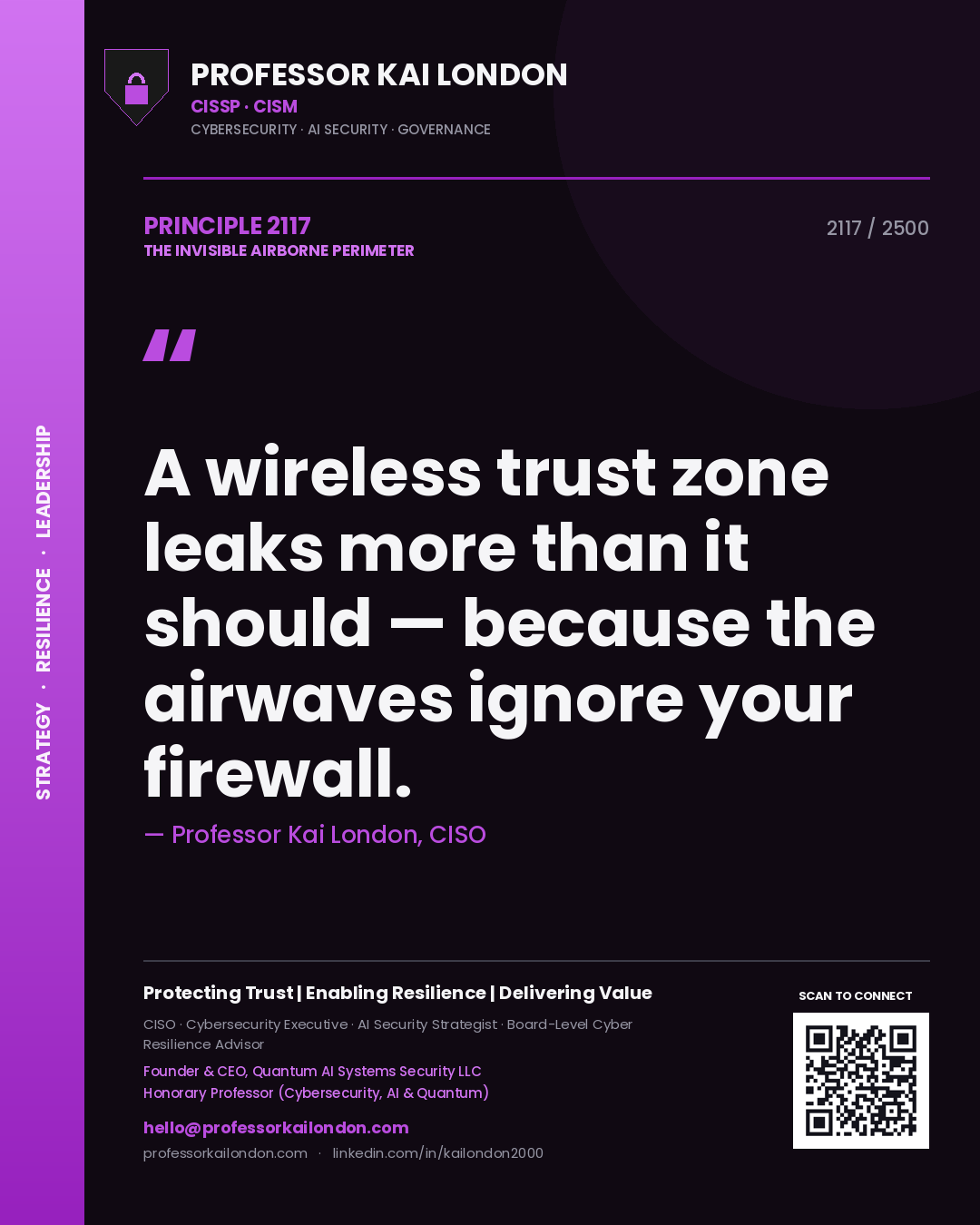 Quote card by Professor Kai London reading 'A wireless trust zone leaks more than it should — because the airwaves ignore your firewall.'. From the book The Invisible Airborne Perimeter.