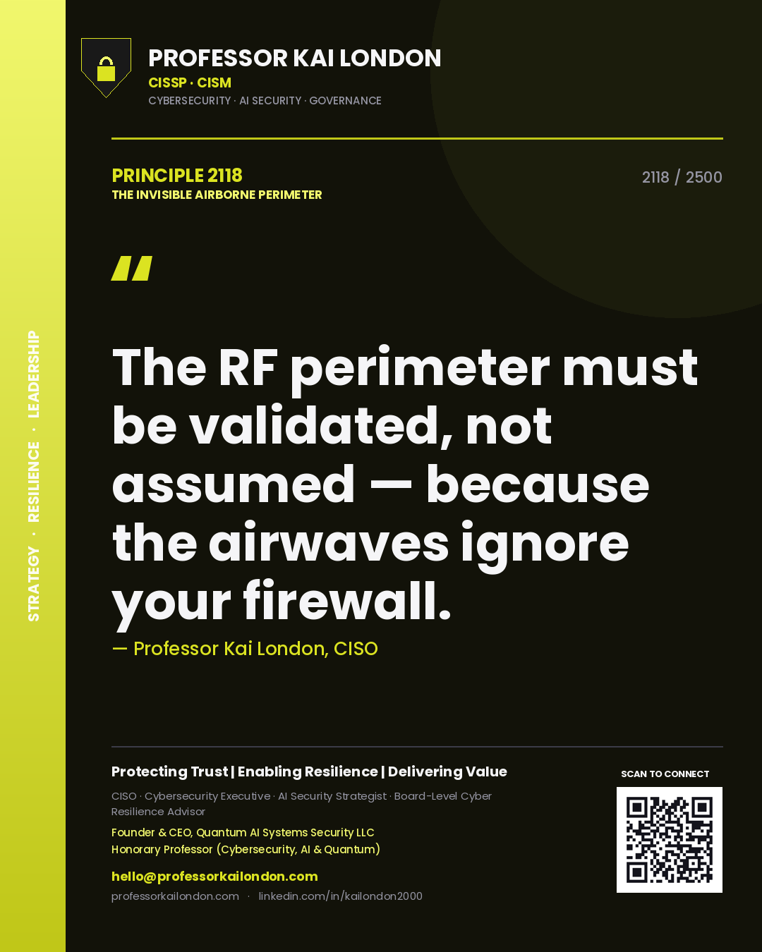 Quote card by Professor Kai London reading 'The RF perimeter must be validated, not assumed — because the airwaves ignore your firewall.'. From the book The Invisible Airborne Perimeter.
